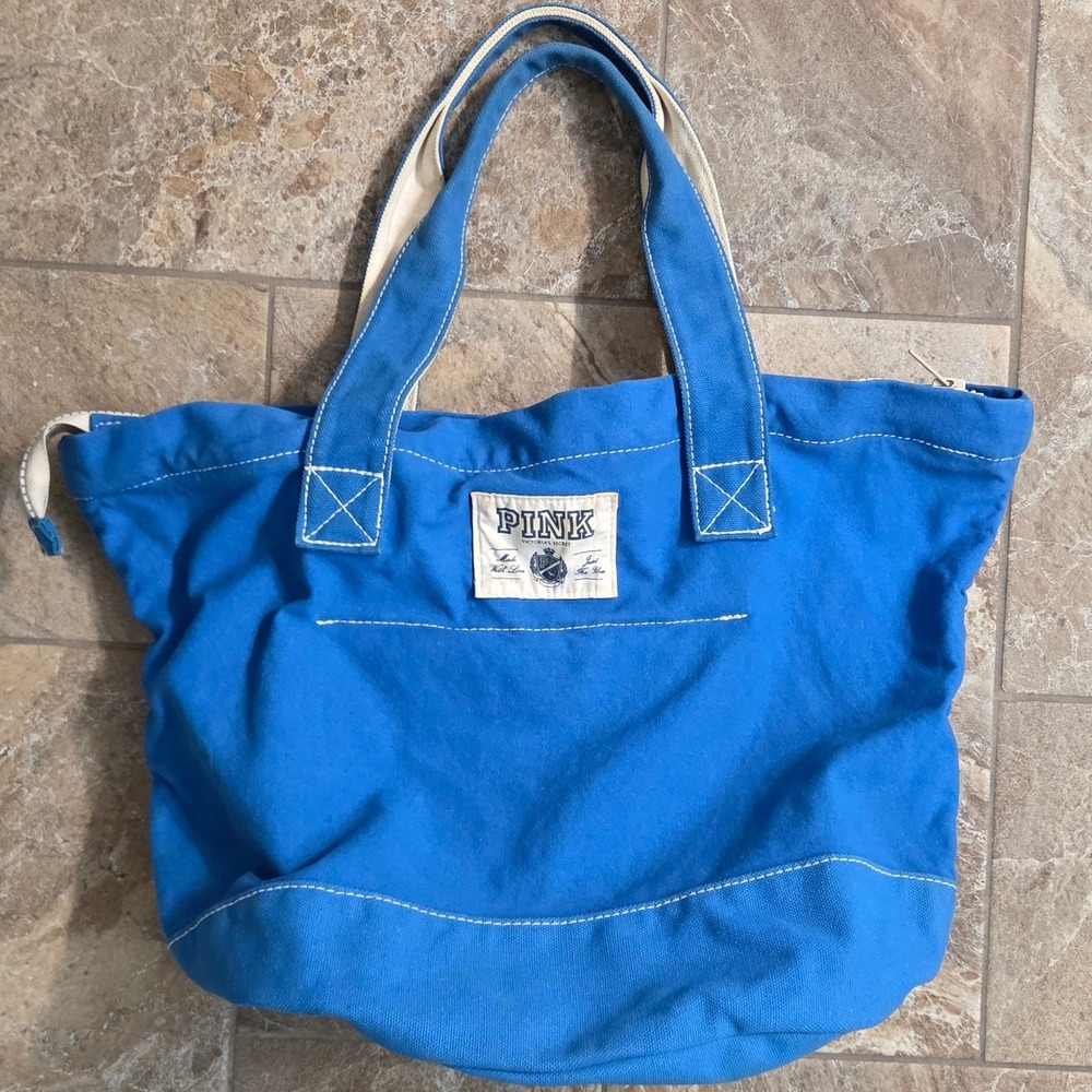 Victoria's Secret PINK Blue Canvas Tote Bag Made With Love 1986 Zip Top - Picture 8 of 13